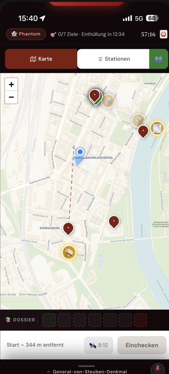 Live-Karte im Spiel mit Stationen, Dossier und Check-in