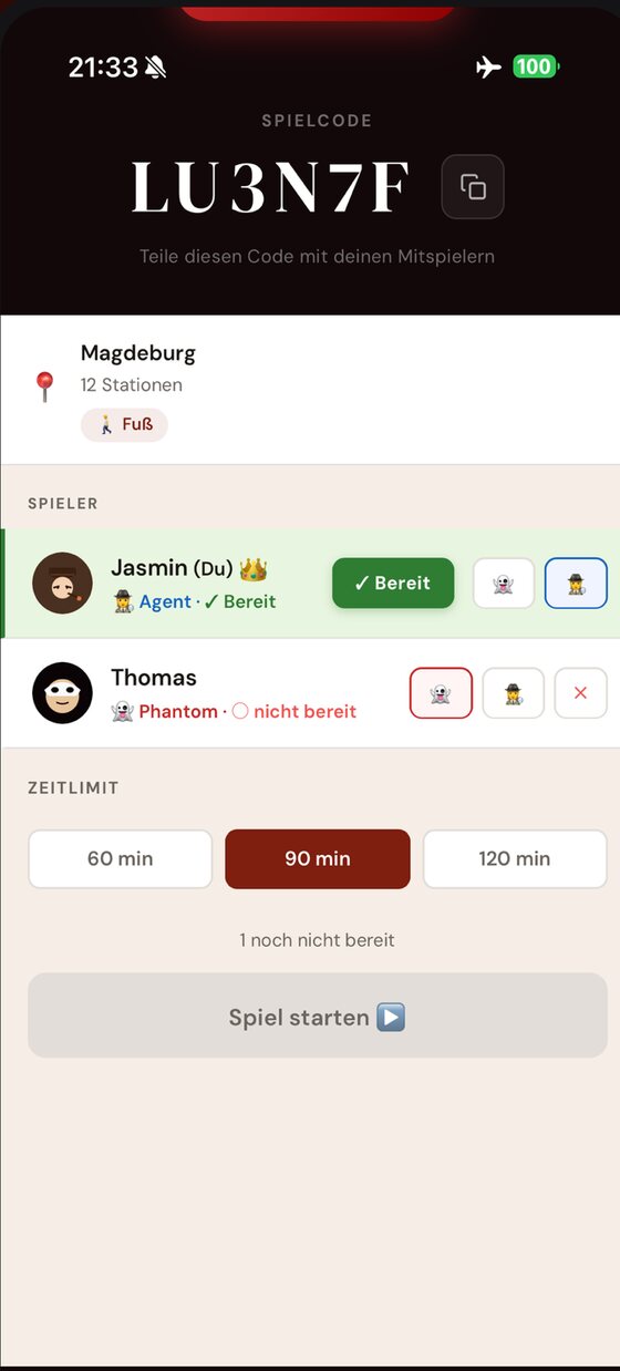 Lobby mit Spielcode, Spielerliste, Rollen Phantom und Agent sowie Zeitlimit
