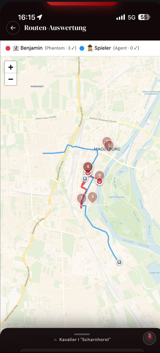 Routen-Auswertung nach dem Spiel mit den Wegen von Phantom und Agenten