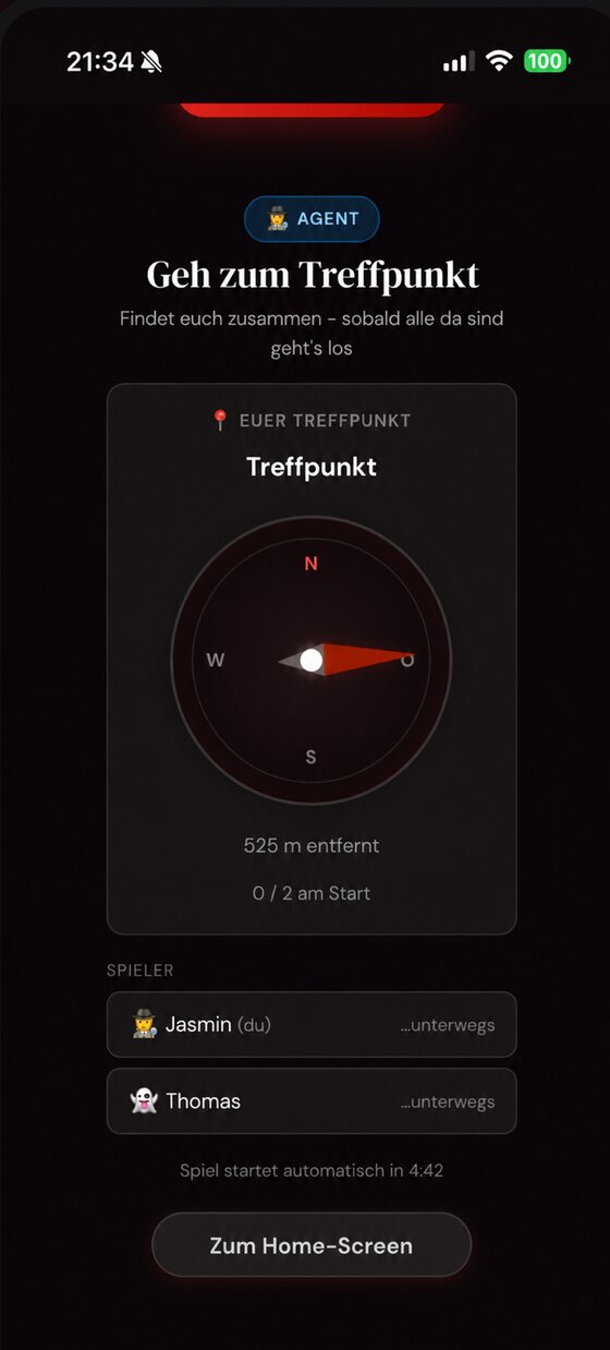 Startphase mit Live-Kompass zum Treffpunkt der Agenten